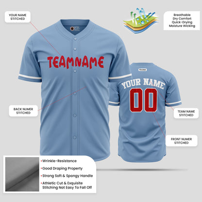 Custom Light Blue, Red & White Button-Up Baseball Jersey