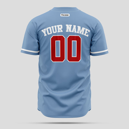 Custom Light Blue, Red & White Button-Up Baseball Jersey