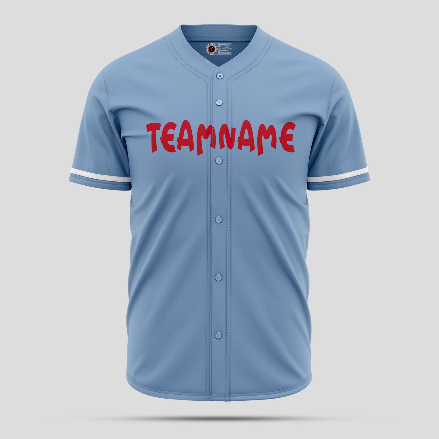 Custom Light Blue, Red & White Button-Up Baseball Jersey