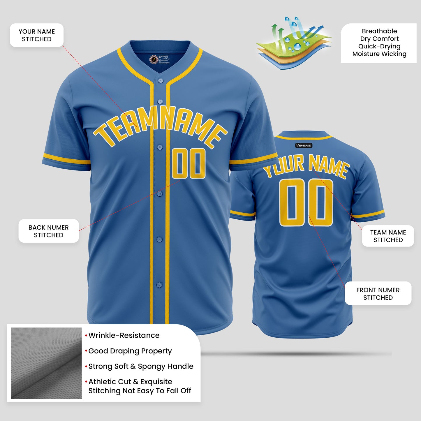 Premium Custom Light Blue & Yellow Authentic Baseball Jersey