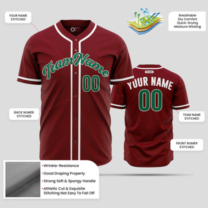 Custom Maroon, Green & White Baseball Jersey