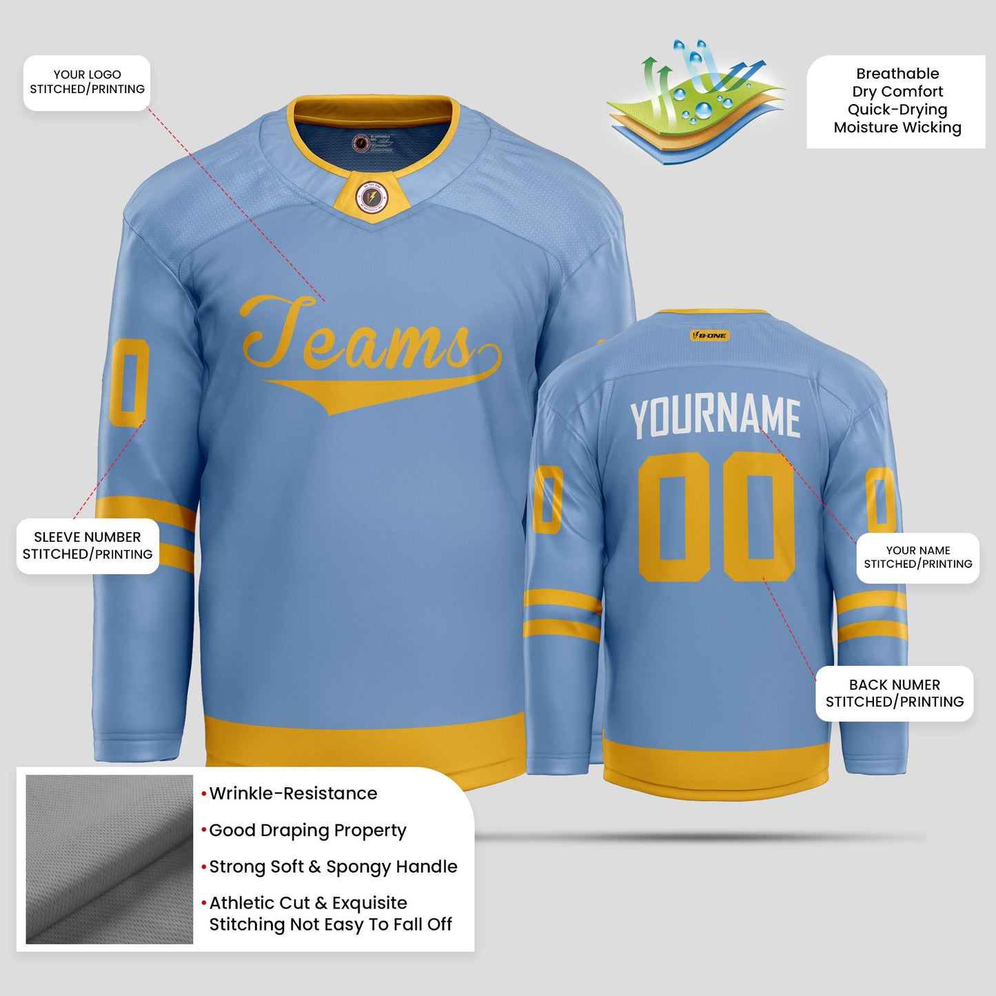 Custom Men's High-Quality Light Blue Hockey Jersey – Premium Personalized Gear