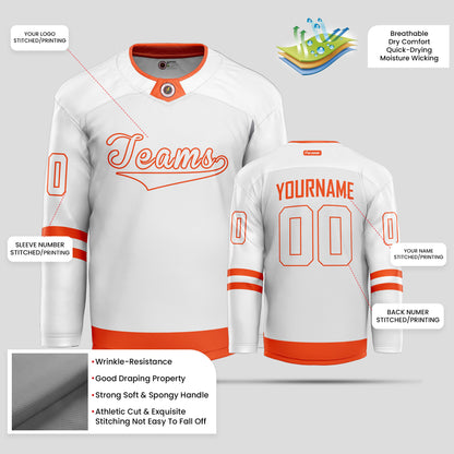 Custom Men’s White and Orange Team Name Hockey Jersey - Premium Quality & Personalized