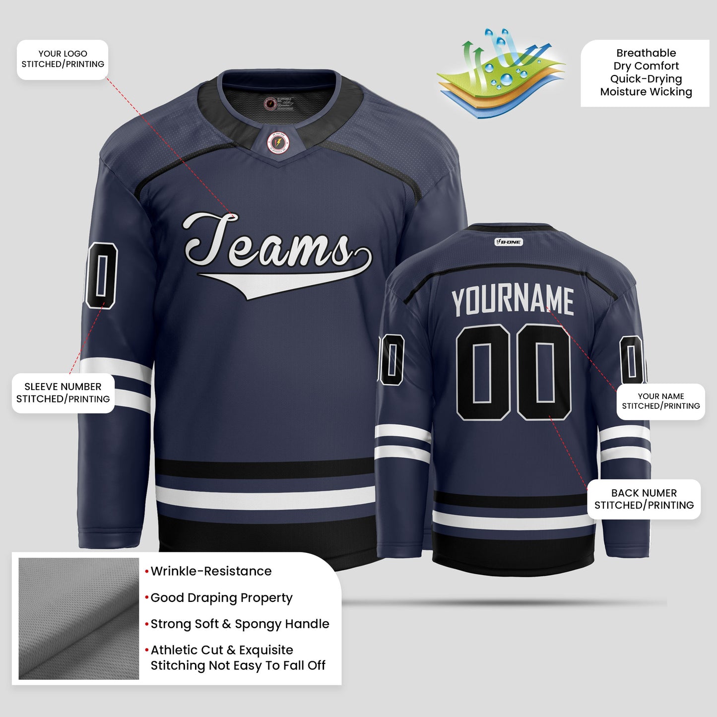 Custom Navy, Black, and White Authentic Hockey Jersey - Personalized Team Apparel