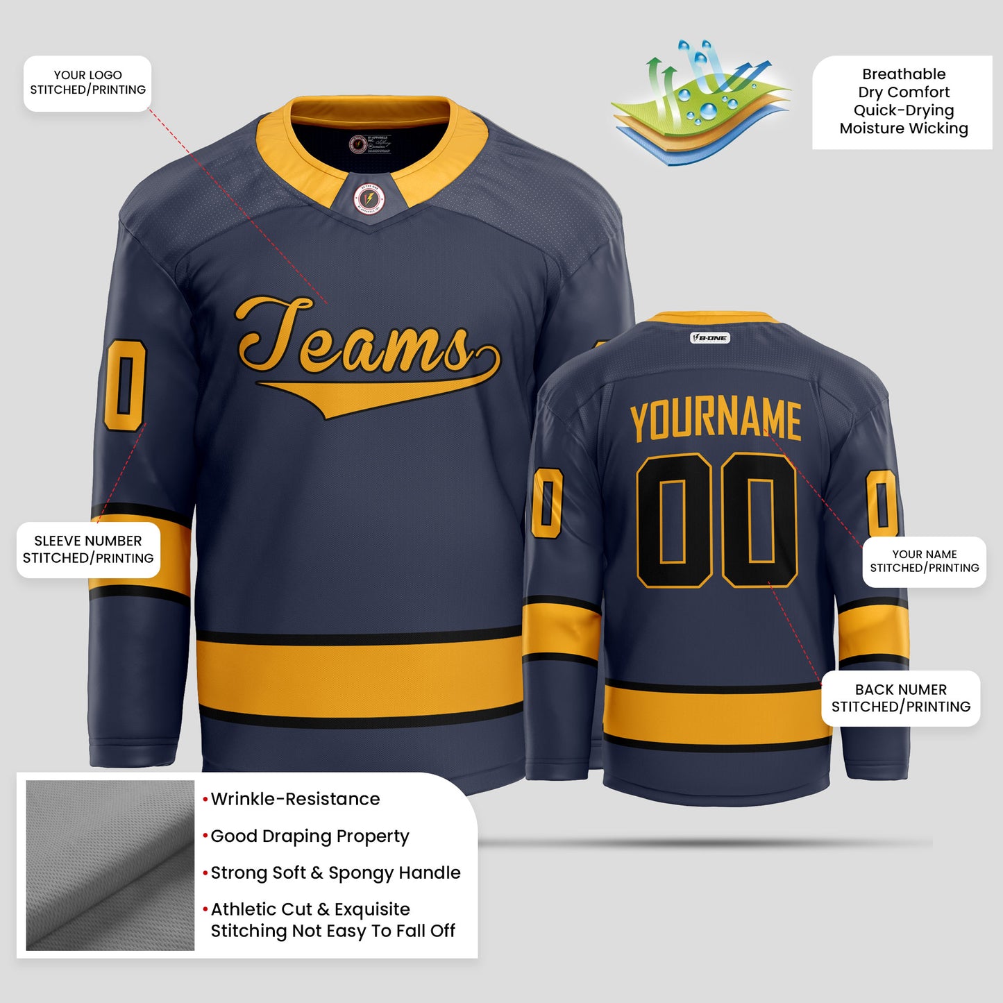 Custom Navy Blue and Old Gold Hockey Jersey - Personalized Teamwear