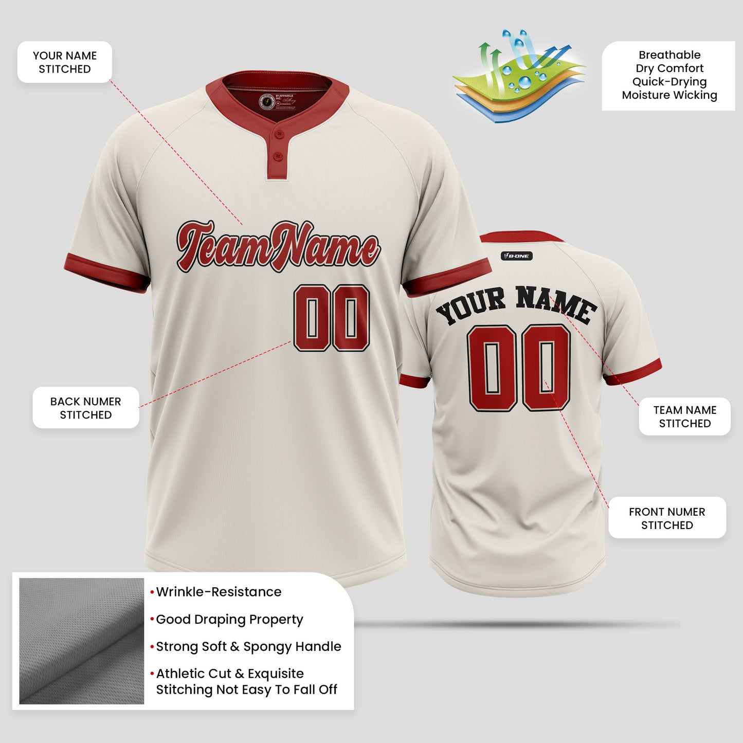 Custom Off-White and Red Neck Two-Button Baseball Jersey