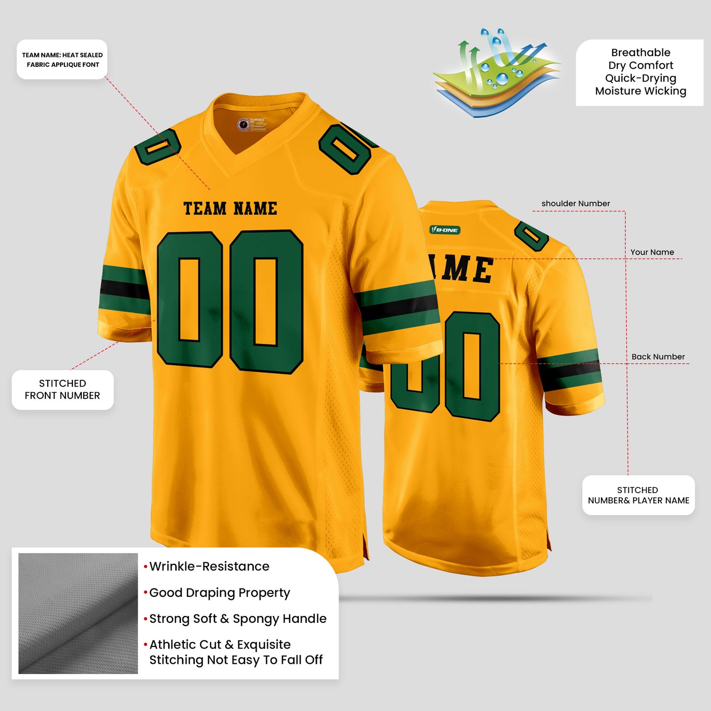 Custom Old Gold, Green High-Quality Football Jersey with Personalized Team Design