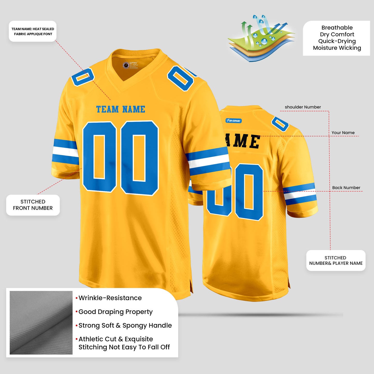 Custom Old Gold, Light Blue, and White Football Jersey with Personalized Team Name