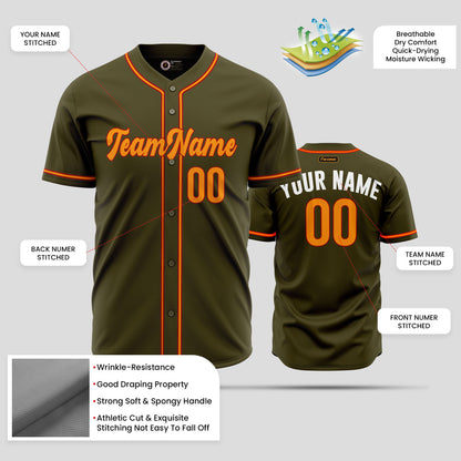 Custom Olive, Orange, and White High-Quality Baseball Jersey