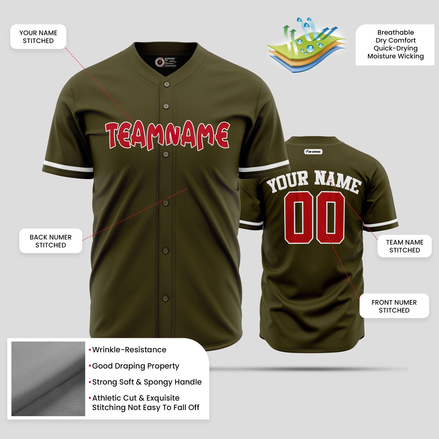 Custom Olive and Red High-Quality Baseball Jersey