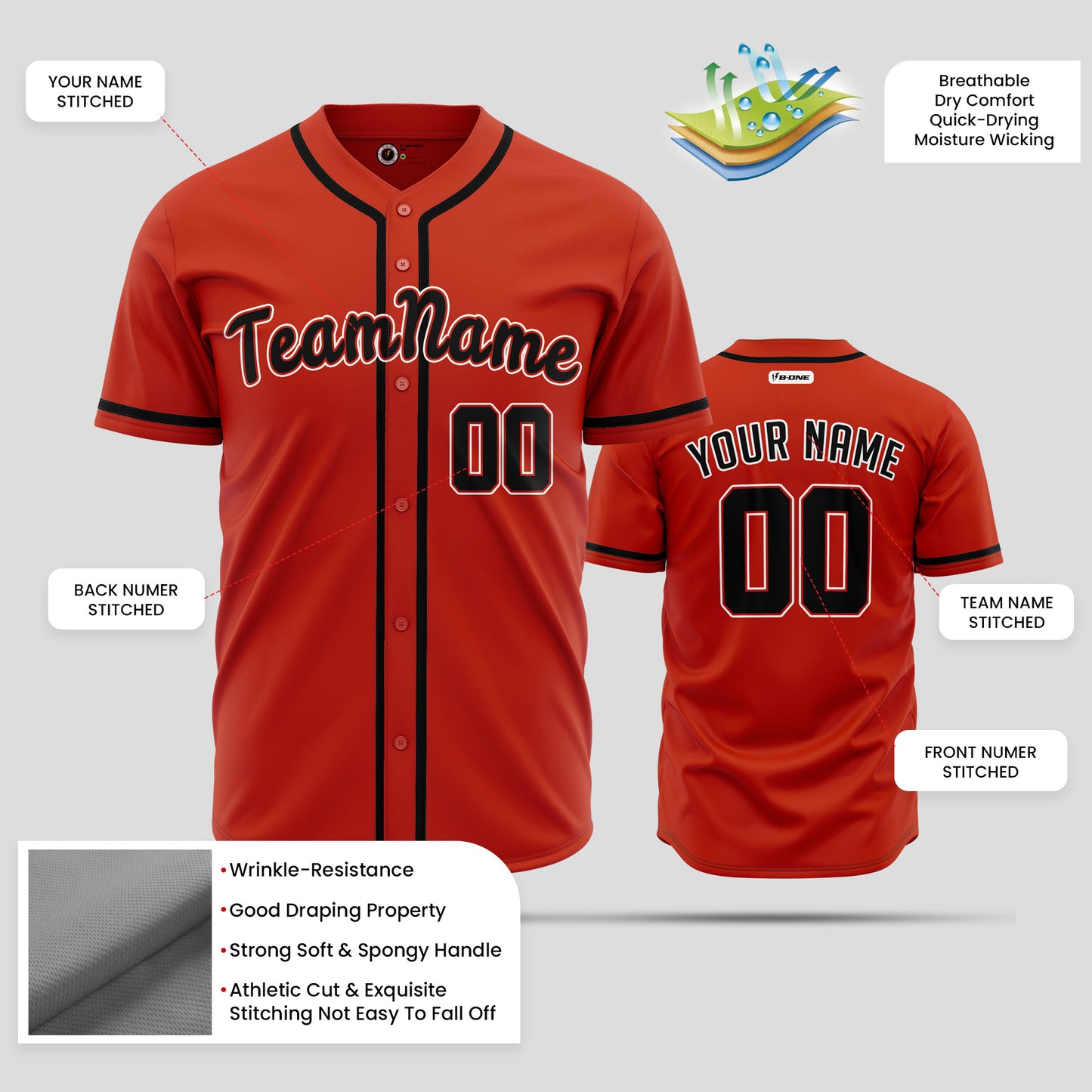 Custom High-Quality Orange & Black Baseball Jersey