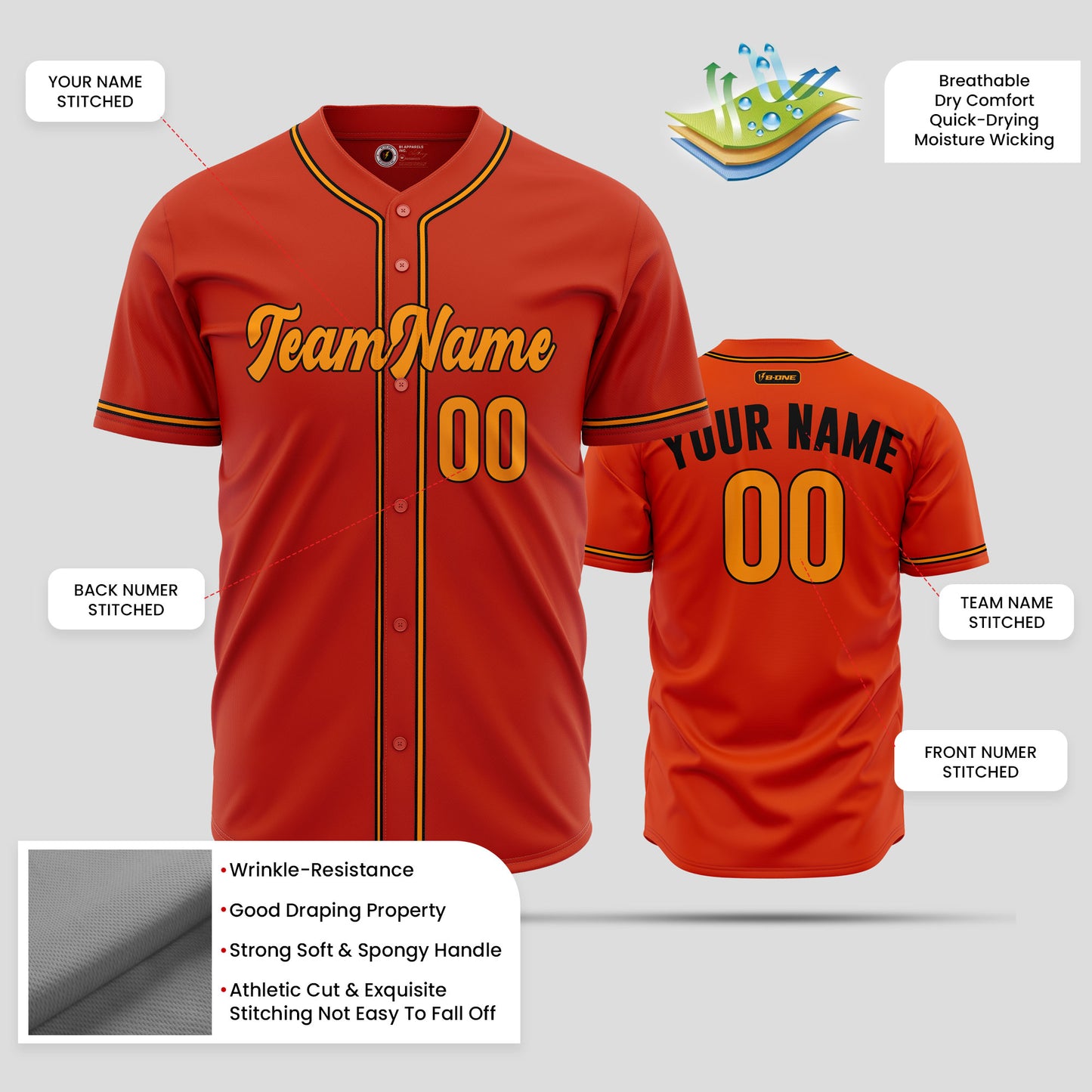 Custom High-Quality Orange, Black & Yellow Baseball Jersey