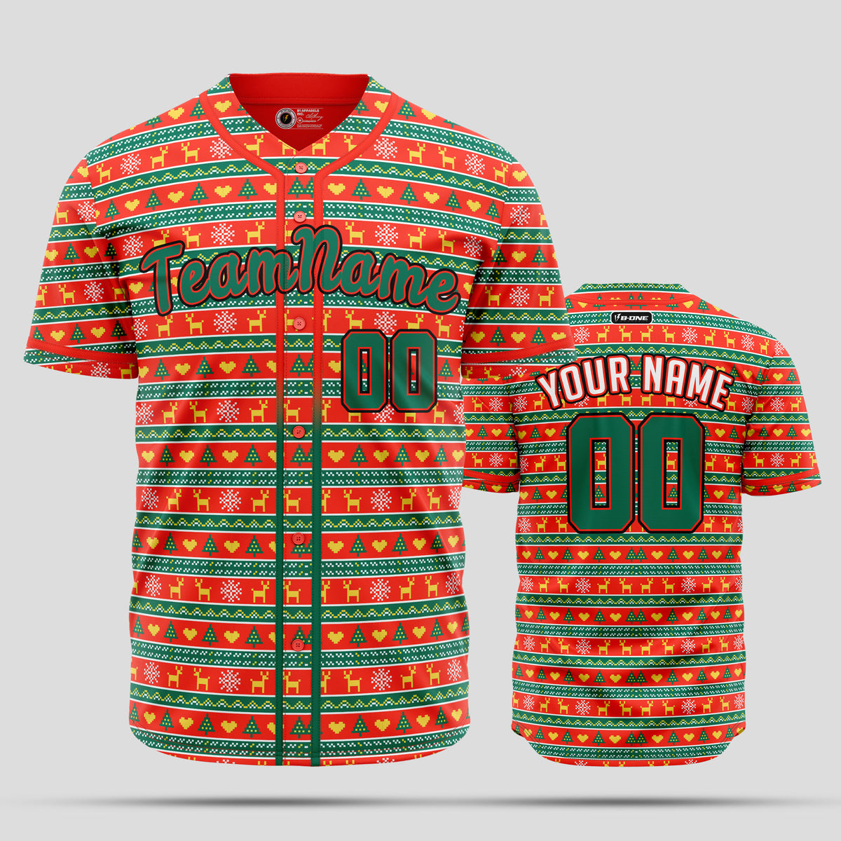 A customizable Christmas-themed baseball jersey featuring a 3D design with orange, green, red, and white colors, and the options to personalize with a team name and number.
