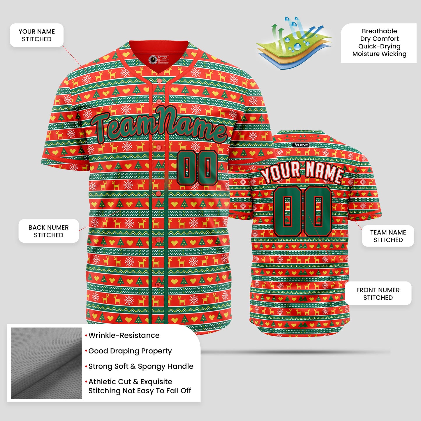 Custom Orange & Green 3D Christmas Baseball Jersey