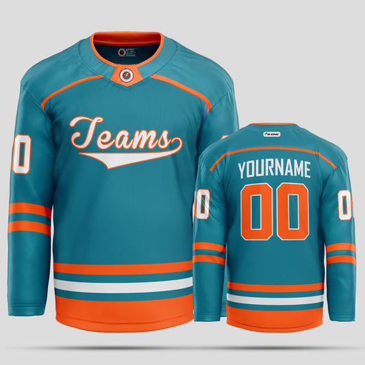 Custom Orange, White, & Teal Ice Hockey Jersey