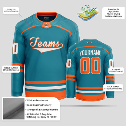 Custom Orange, White, & Teal Ice Hockey Jersey