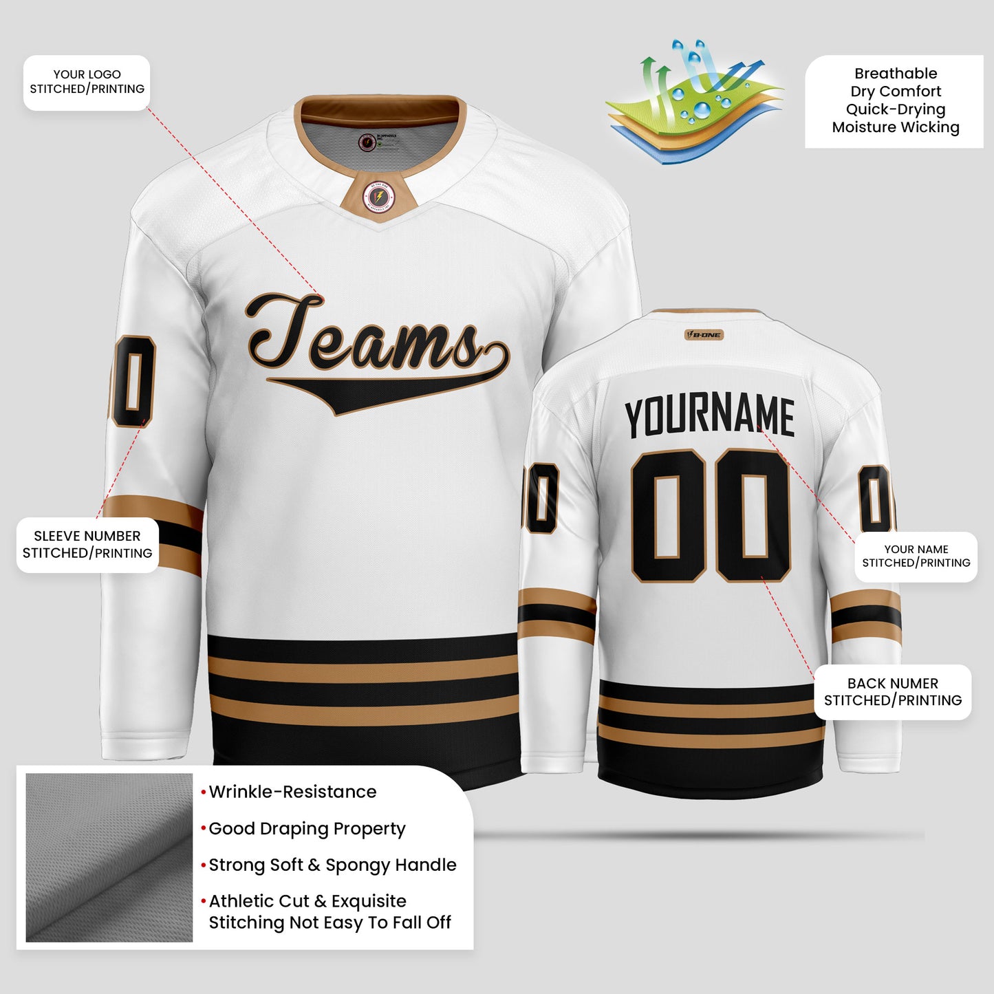 Custom Premium Quality Black, Gold, and White Hockey Jersey - Personalized & Durable