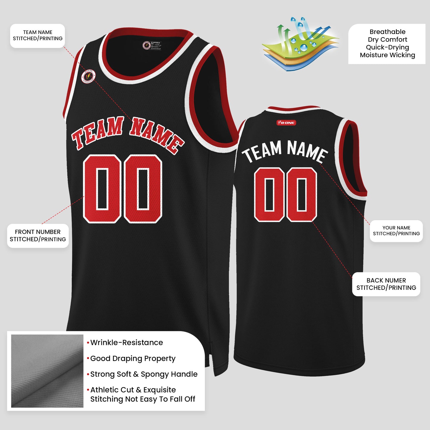 Custom Premium Quality Black and Red Round Neck Basketball Jersey