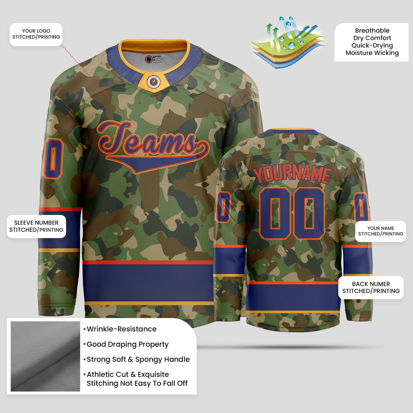 Custom Premium Quality Blue and Red Camo Hockey Jersey - Durable & Personalized