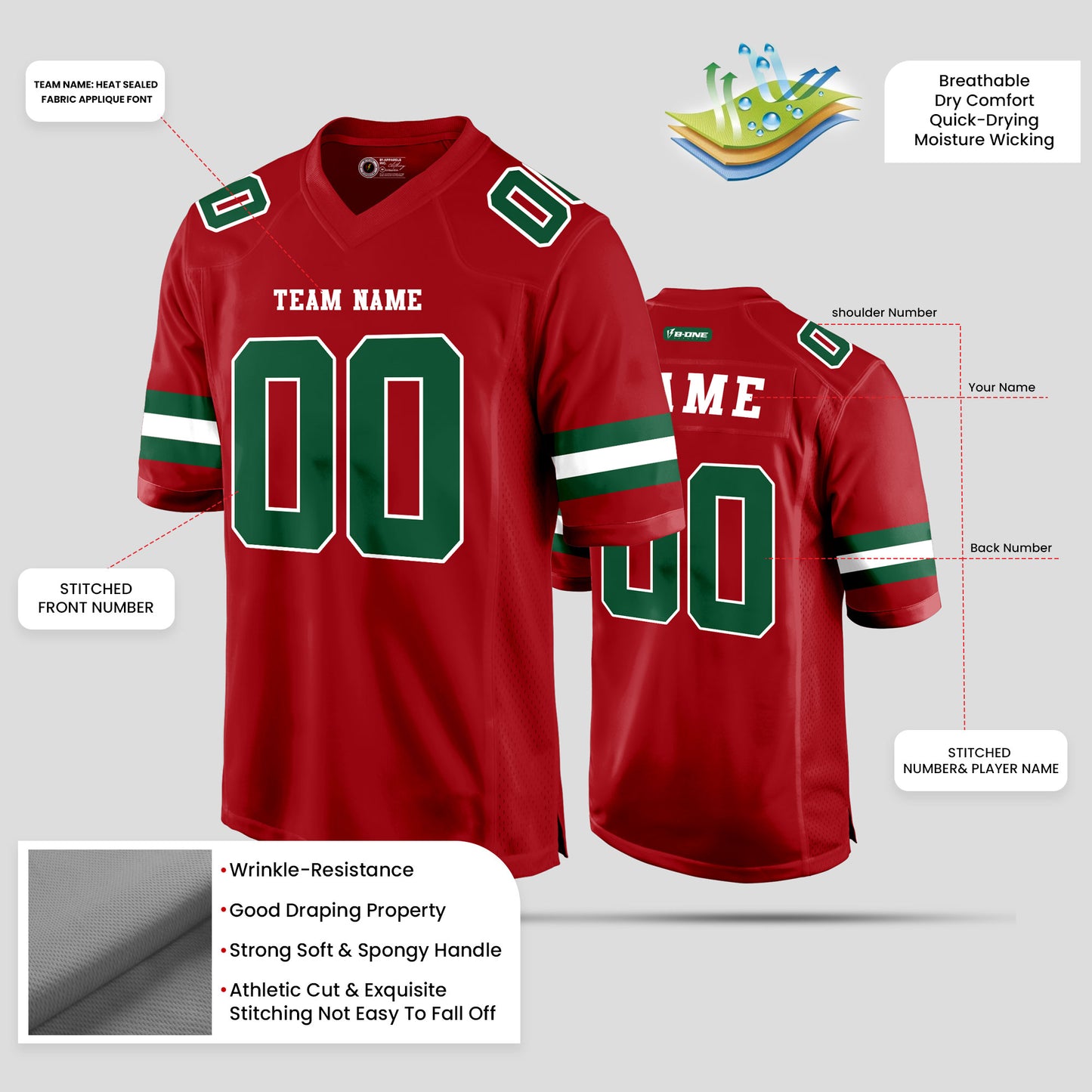 Custom Premium Quality Red, Green, and White Football Jersey – Personalized for Superior Performance and Style