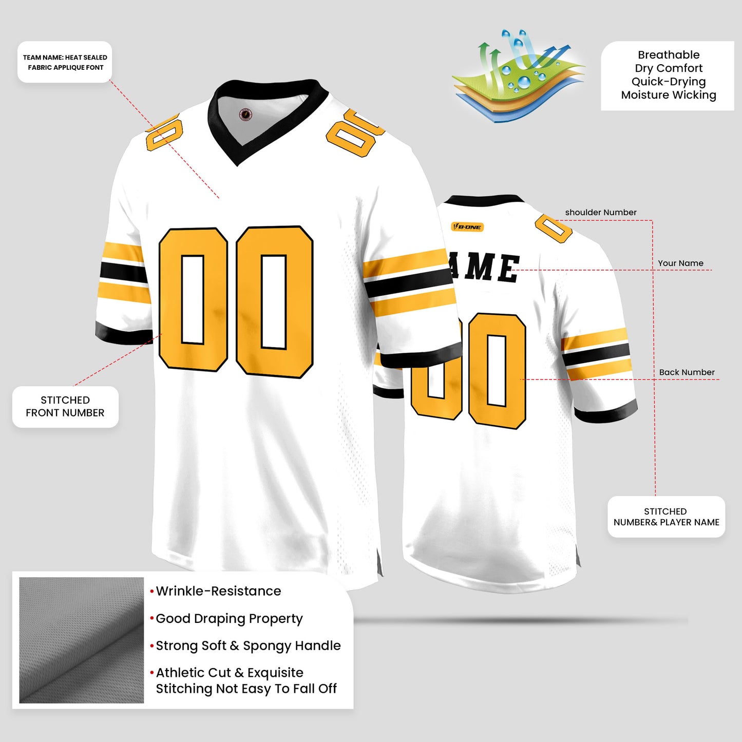 Custom Premium Quality White, Black, and Yellow Football Jersey – Personalized Sportswear