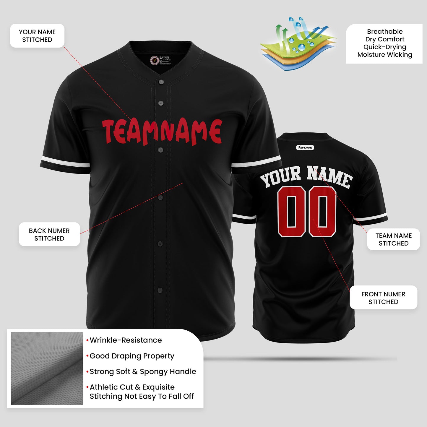 Custom Pure Black & Red Baseball Jersey