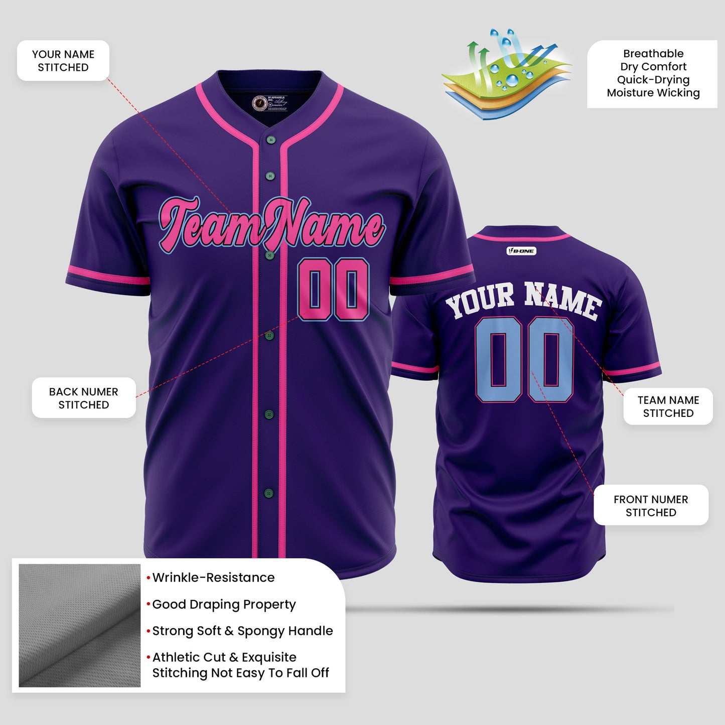 Custom Purple, Pink & Blue Authentic Baseball Jersey