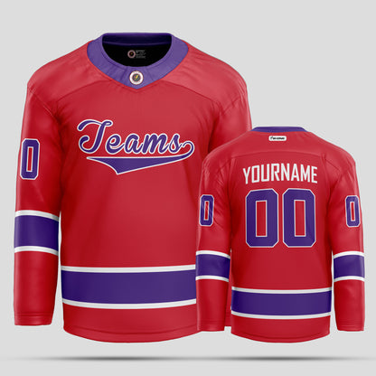 Custom Purple, Red, and White Hockey Jersey – Bold & Personalized Design