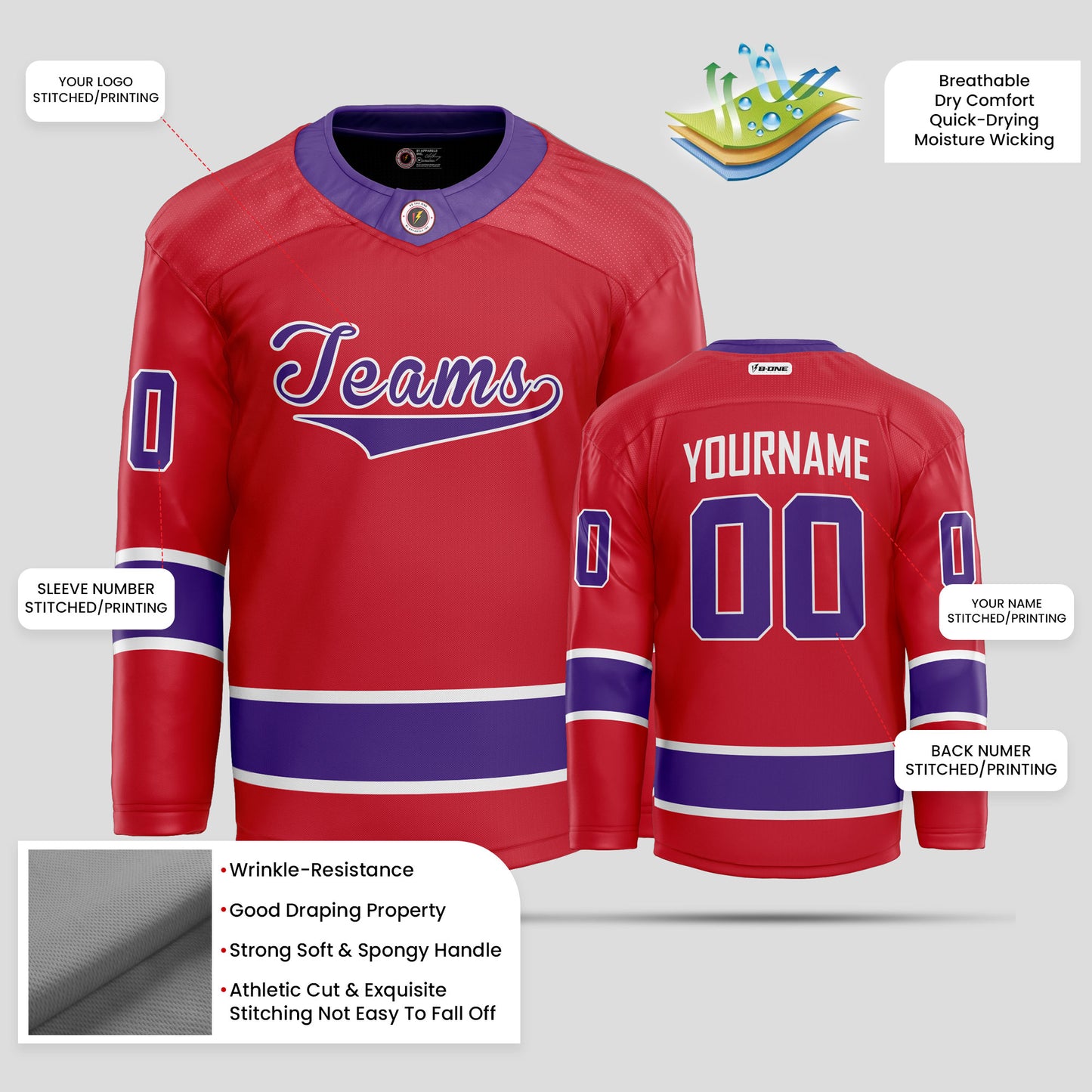 Custom Purple, Red, and White Hockey Jersey – Bold & Personalized Design