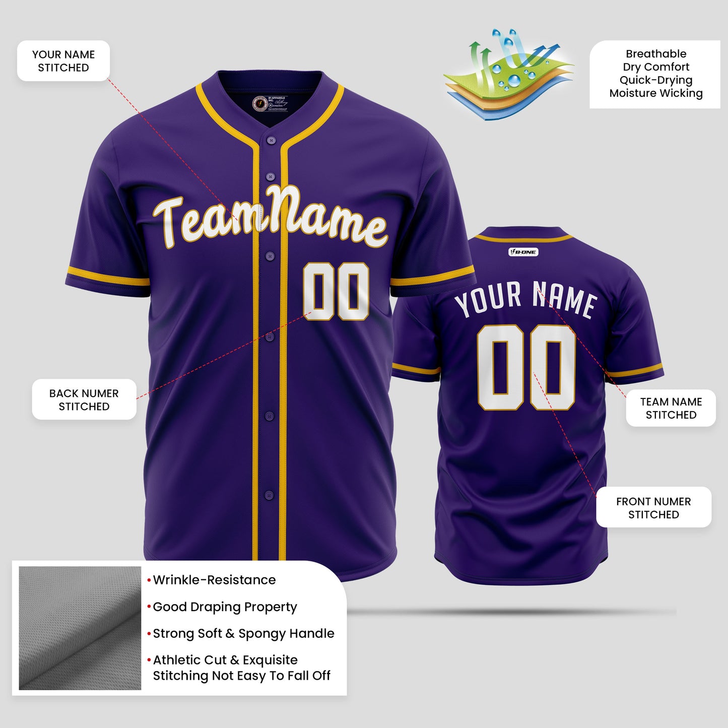 Custom Purple, Yellow & White Real Quality Baseball Jersey