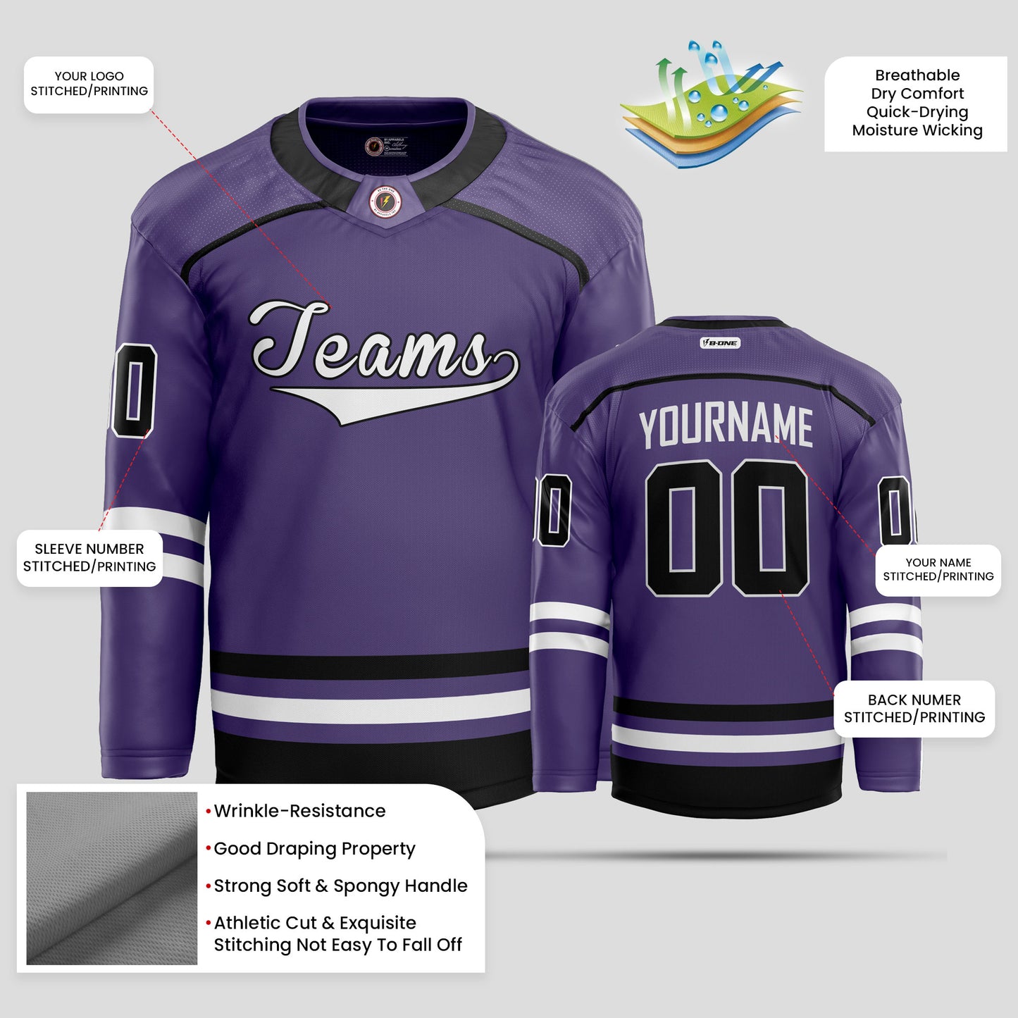 Custom Purple, White, and Black Premium Quality Hockey Jersey - Personalized Teamwear