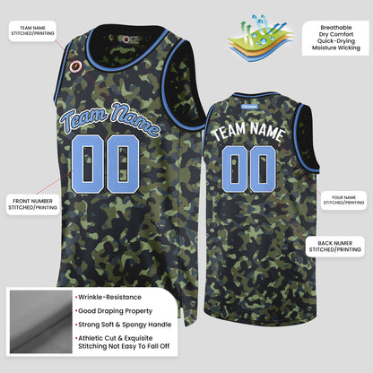 Custom Blue and Green Camo Basketball Jerseys – High-Quality Team Uniforms