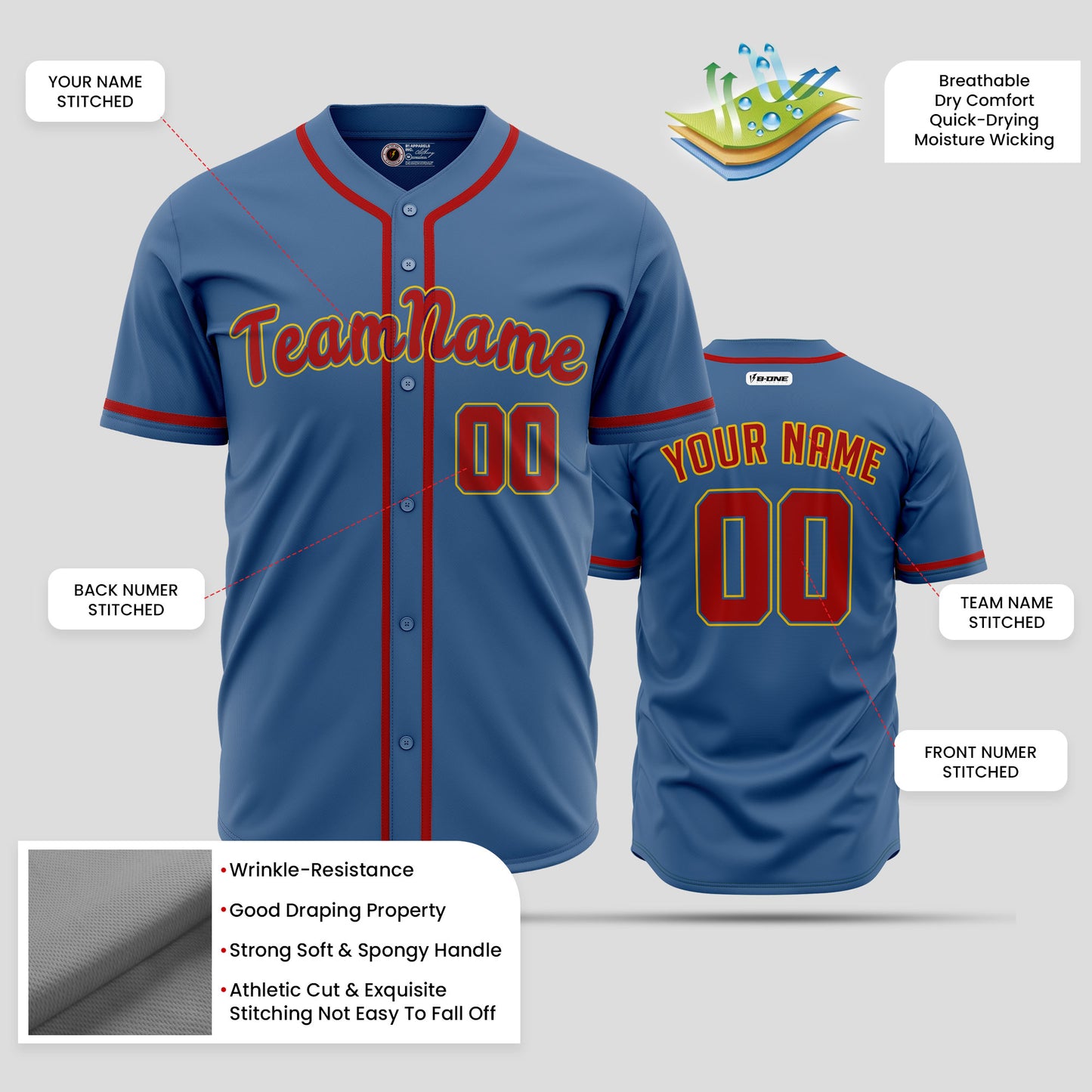 High-Quality Custom Light Blue & Orange Baseball Jersey