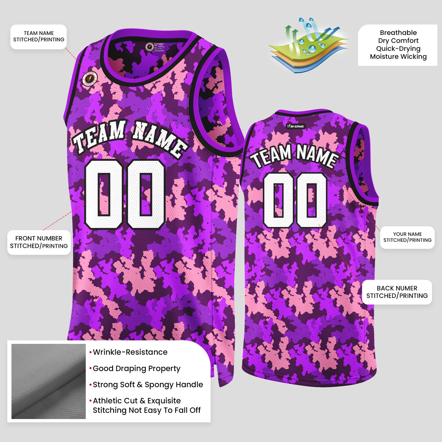 Custom Purple and White Camo Basketball Jerseys – High-Quality Team Uniforms