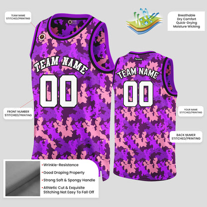 Custom Purple and White Camo Basketball Jerseys – High-Quality Team Uniforms