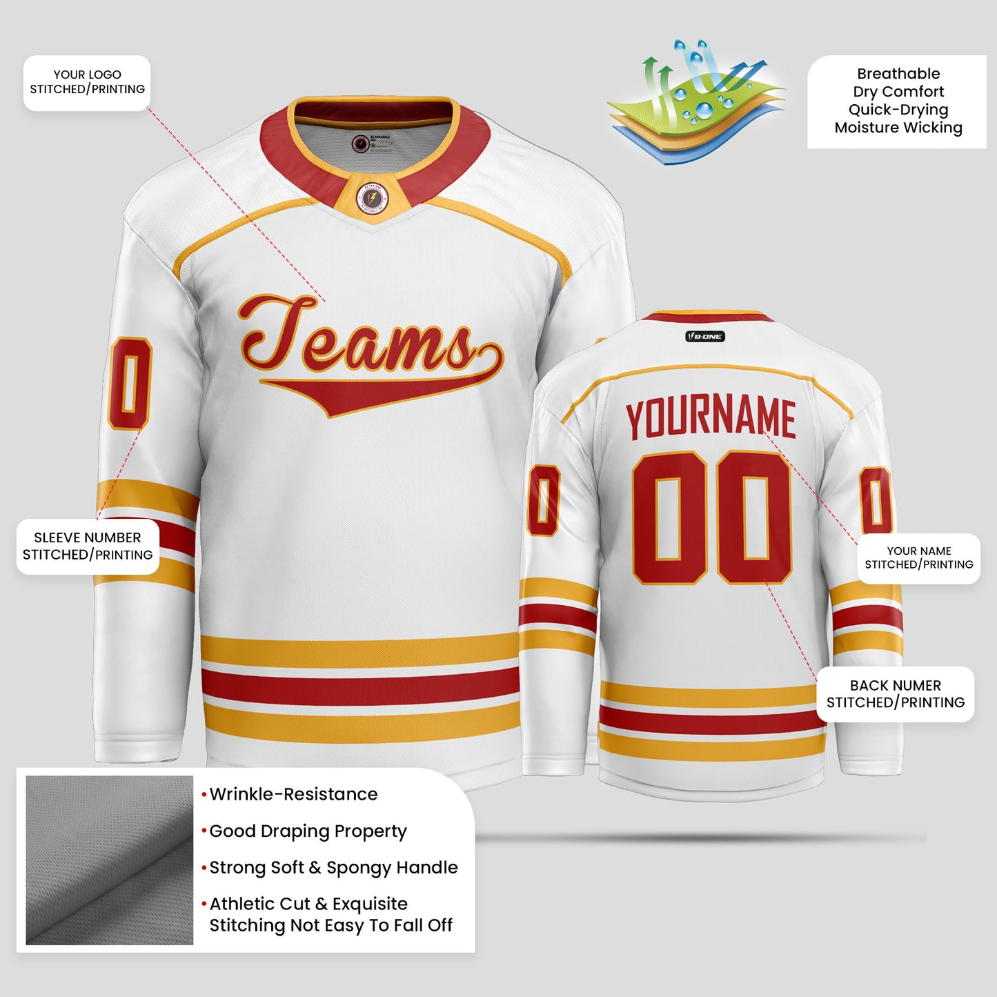 Custom Quality White, Red, and Yellow Hockey Jersey - Personalized & Durable