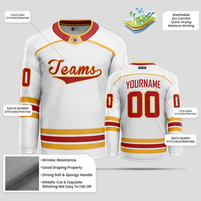 Custom Quality White, Red, and Yellow Hockey Jersey - Personalized & Durable