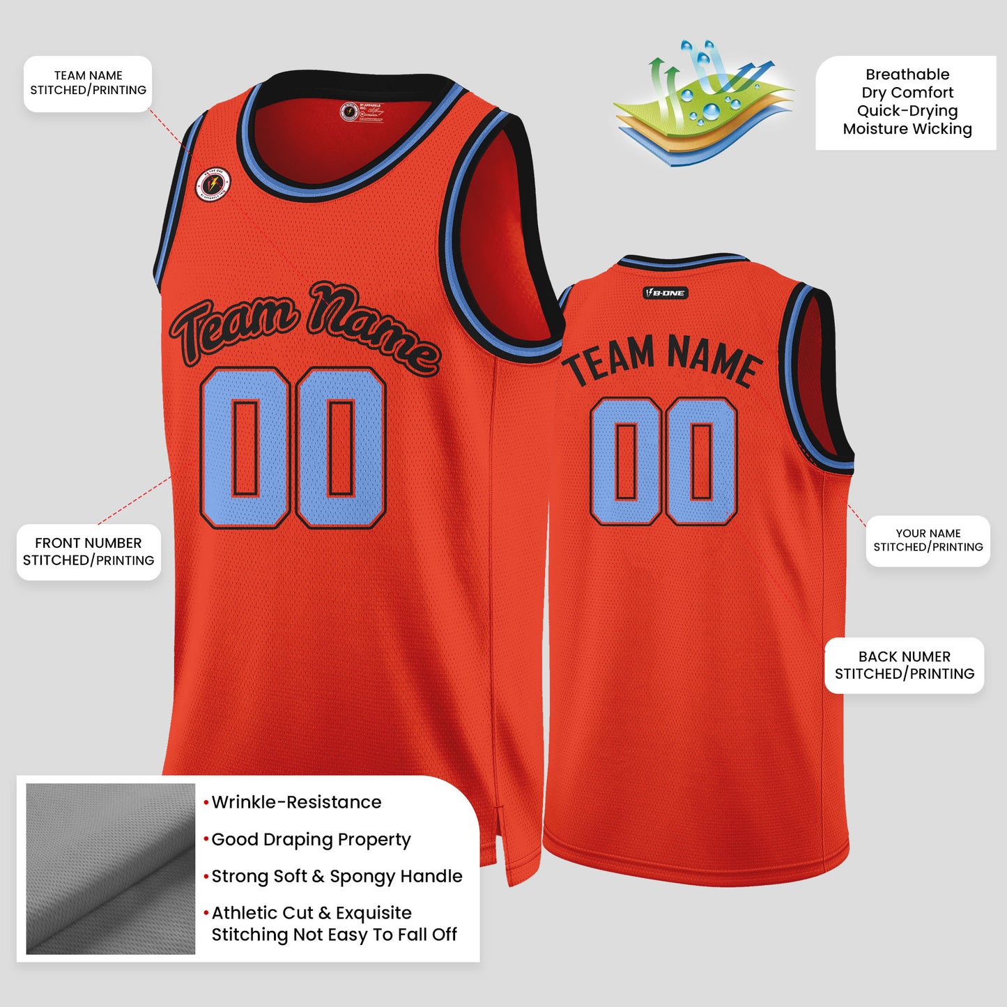 Custom Real Quality Orange and Light Blue Basketball Jerseys – Team Uniforms