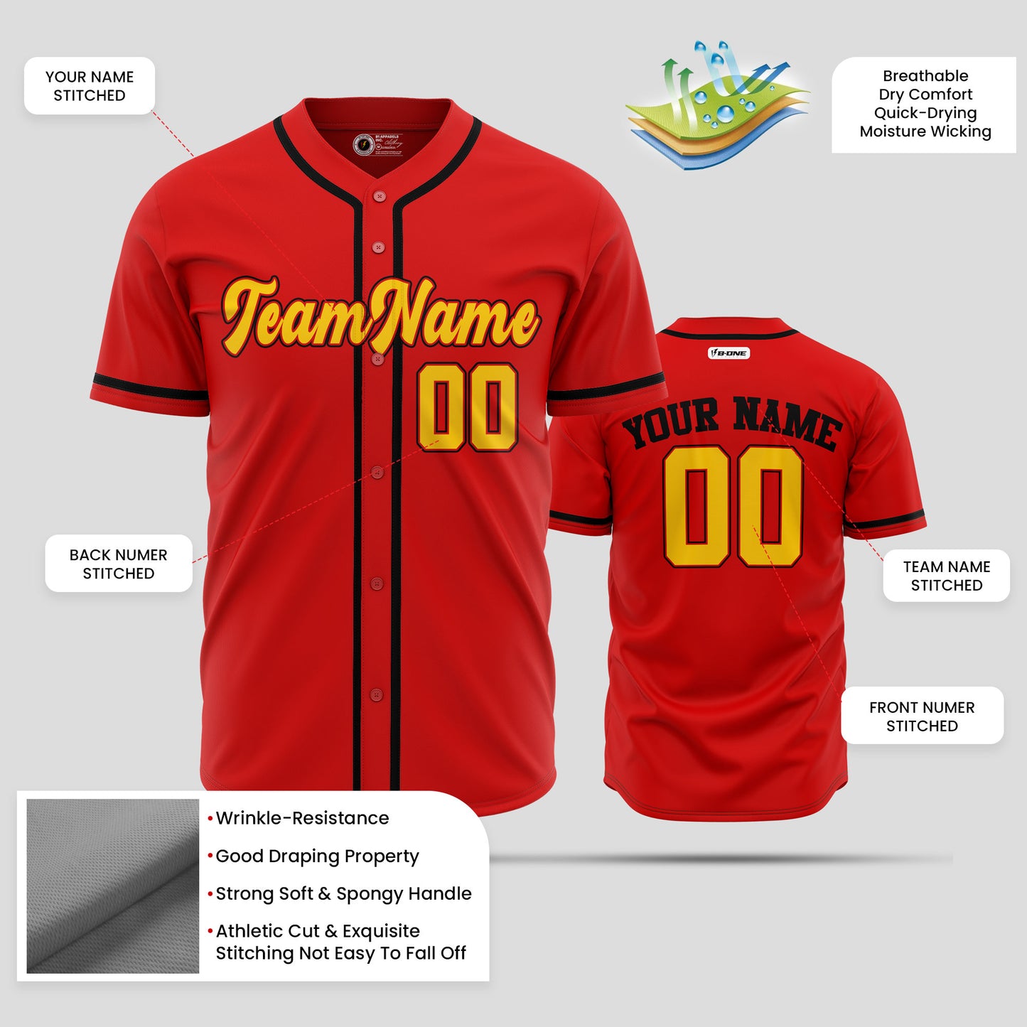 Premium Quality Custom Red, Black & Yellow Baseball Jersey