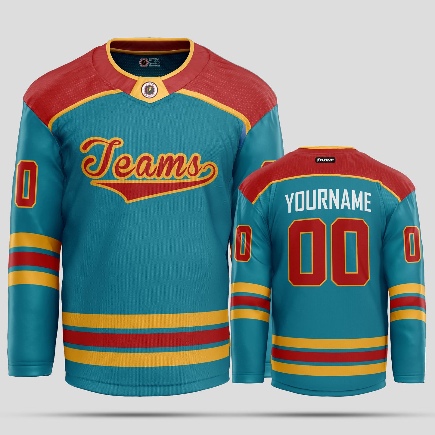 Custom Red, Gold & Teal Ice Hockey Jersey