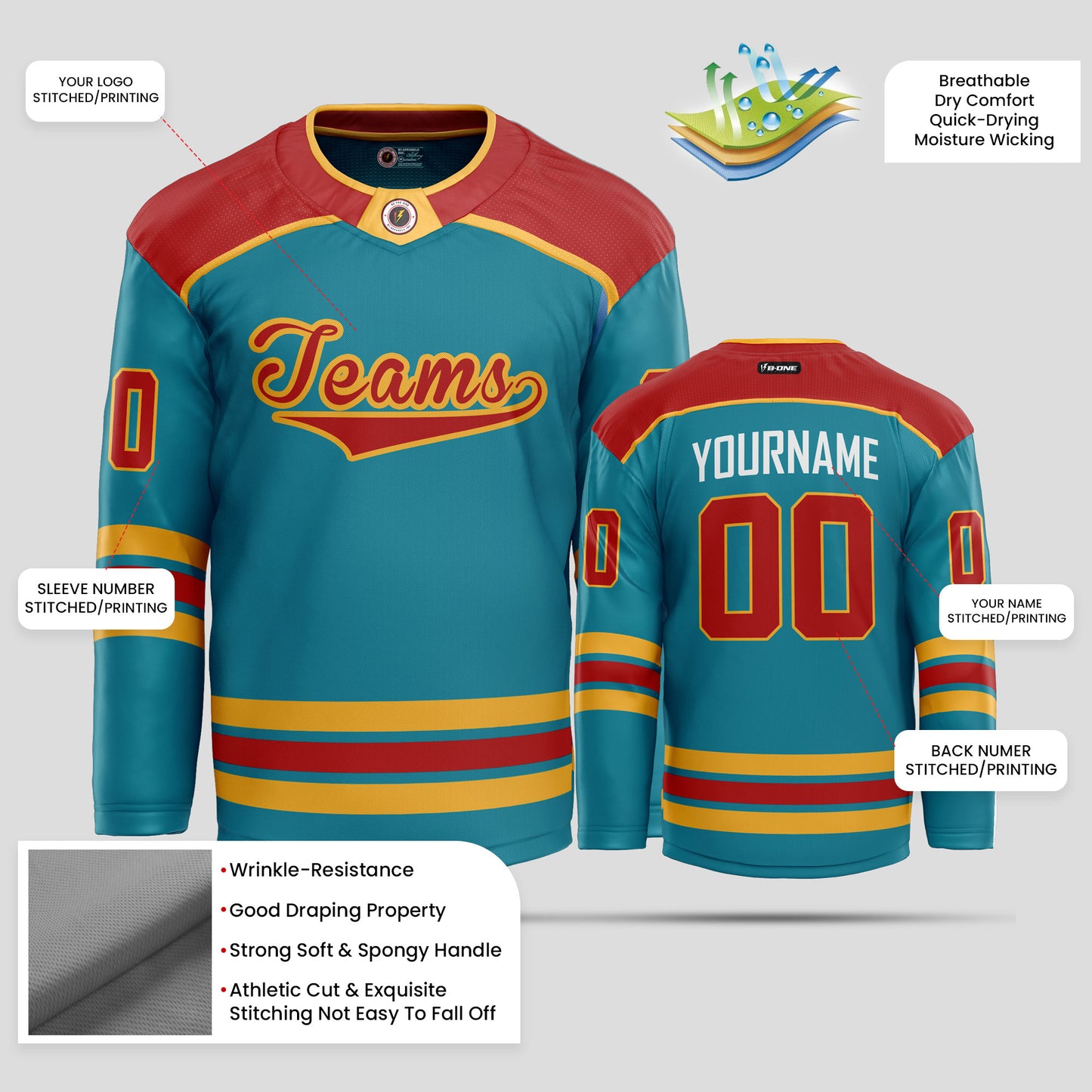 Custom Red, Gold & Teal Ice Hockey Jersey