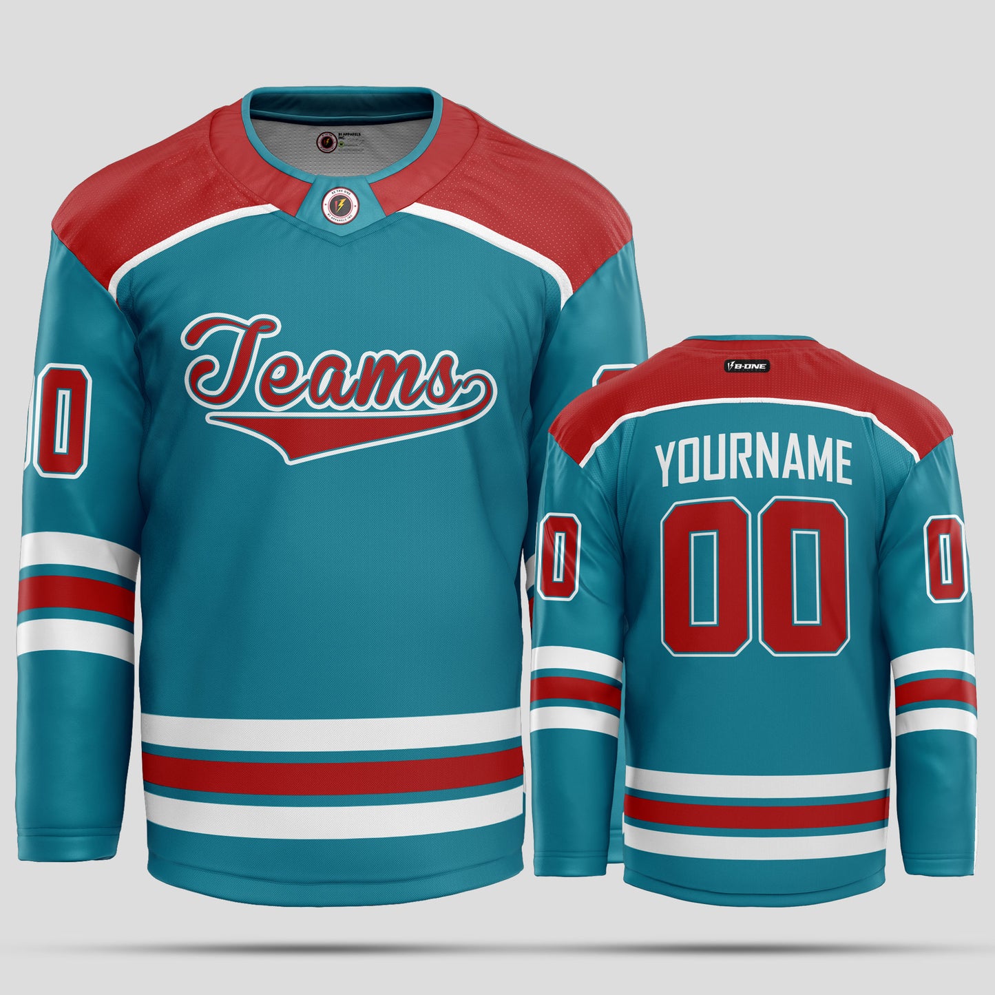 Custom Red, White, & Teal Hockey Jersey