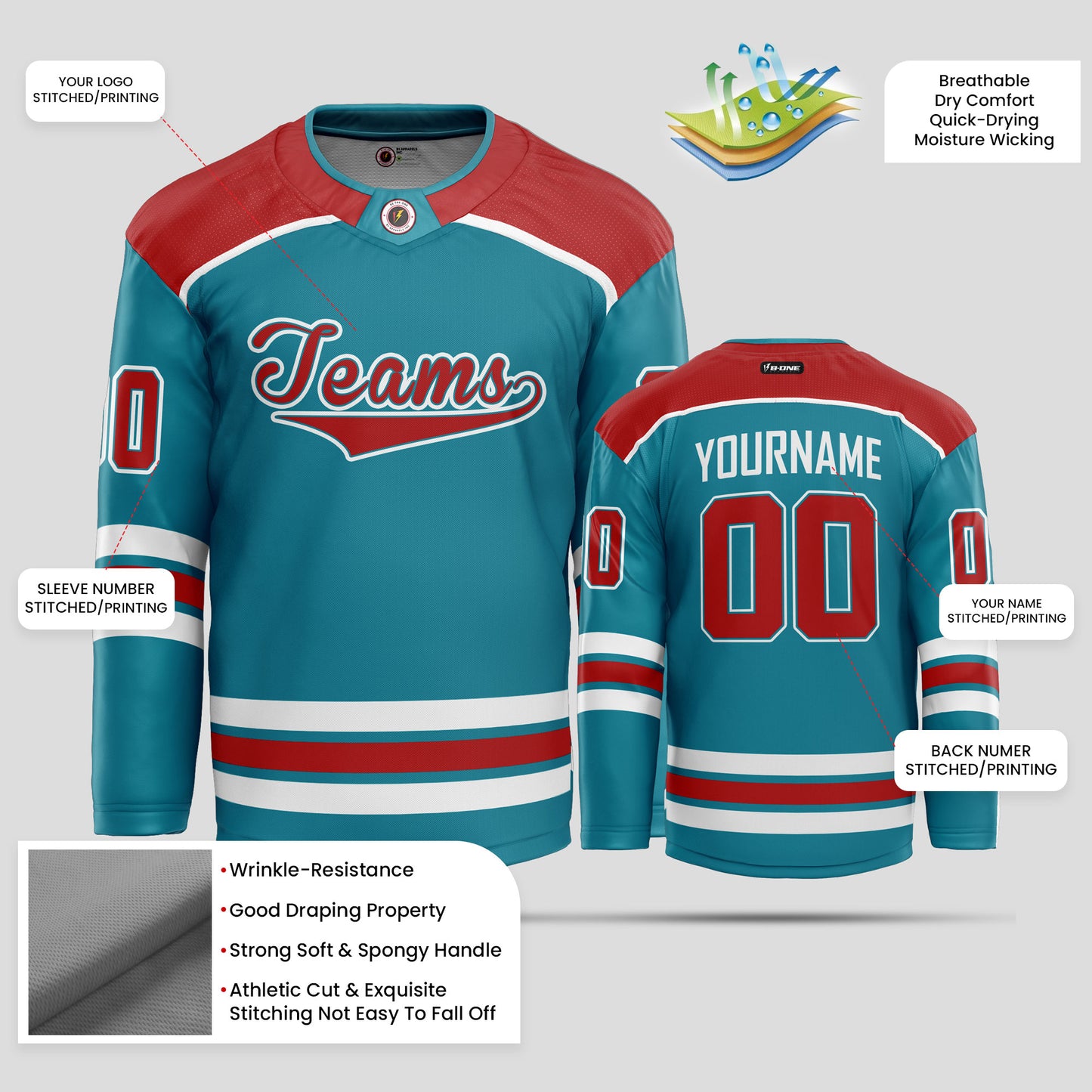 Custom Red, White, & Teal Hockey Jersey