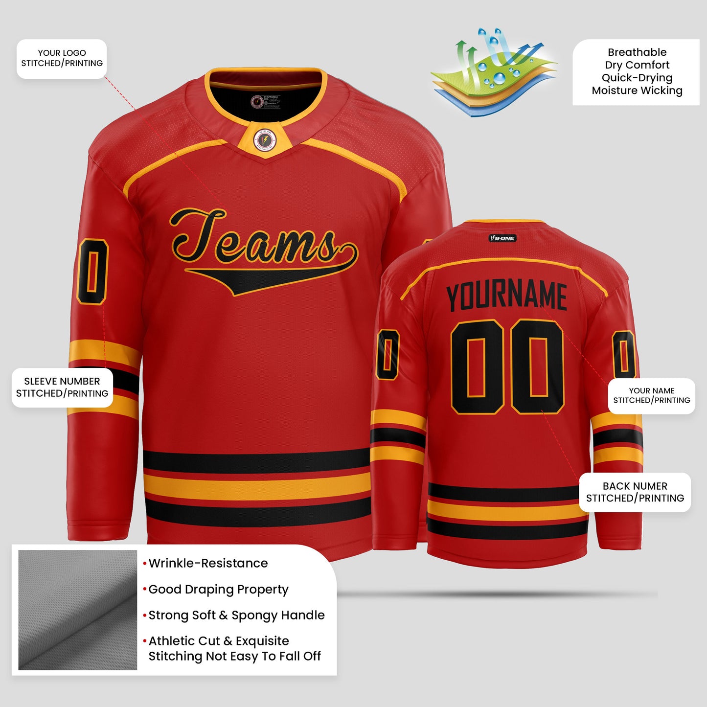 Custom Red, Yellow, and Black Hockey Jersey – Bold & Personalized Design