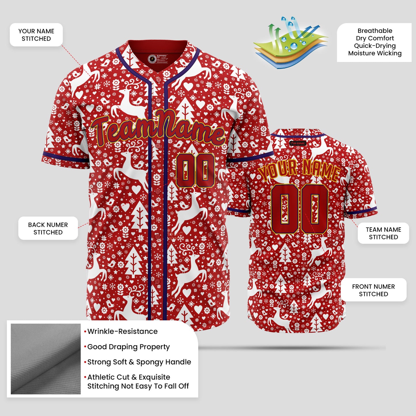 Custom Red & White 3D Christmas Pattern Baseball Jersey