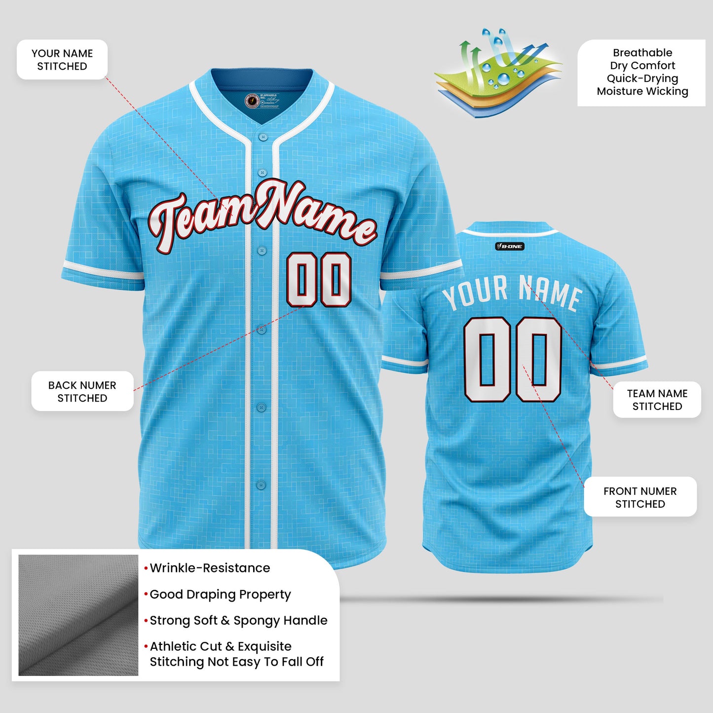 High-Quality Custom Sky Blue, White & Red Baseball Jersey