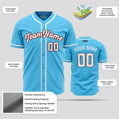 High-Quality Custom Sky Blue, White & Red Baseball Jersey