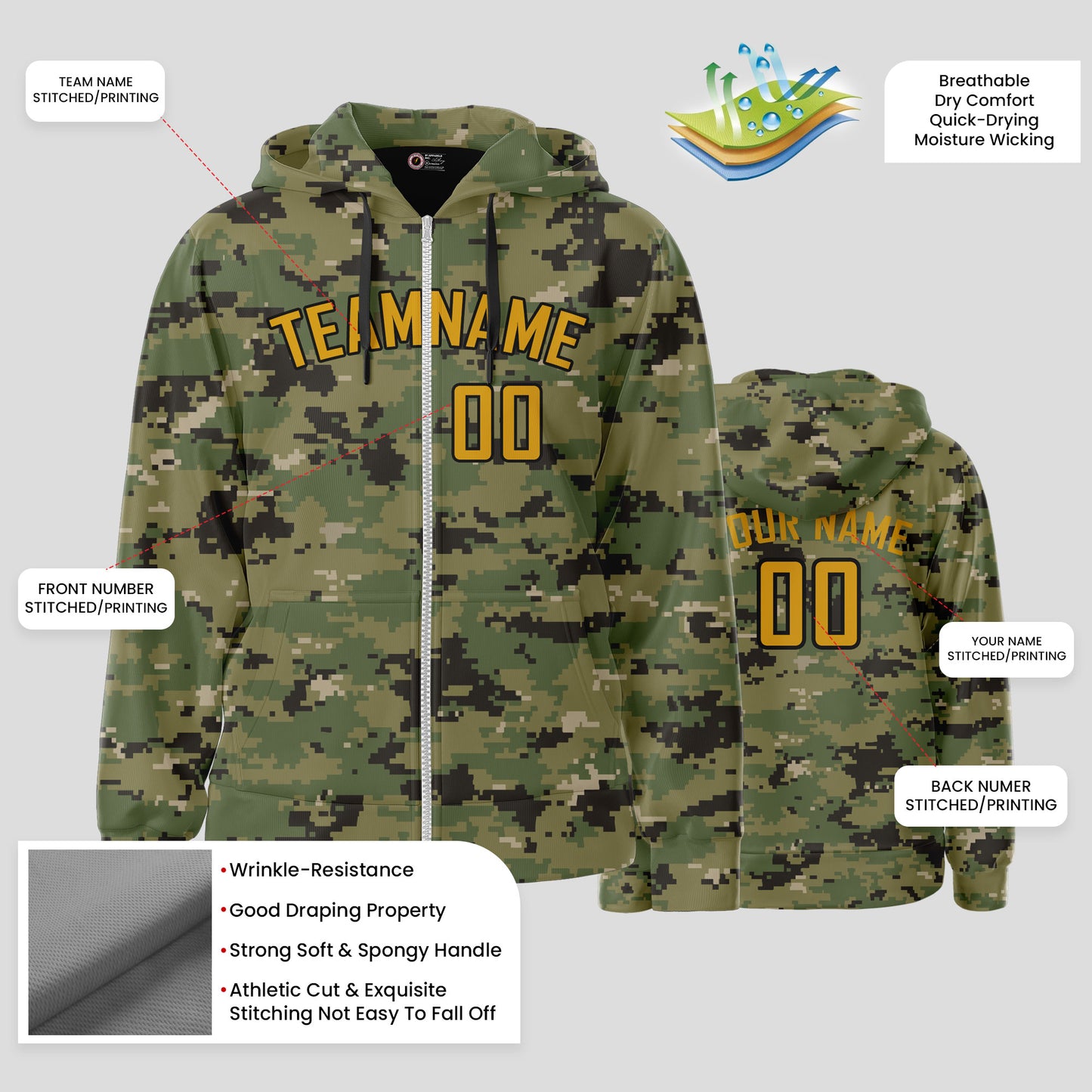 Custom Stitched Camo Yellow Pullover Hoodie Sweatshirt