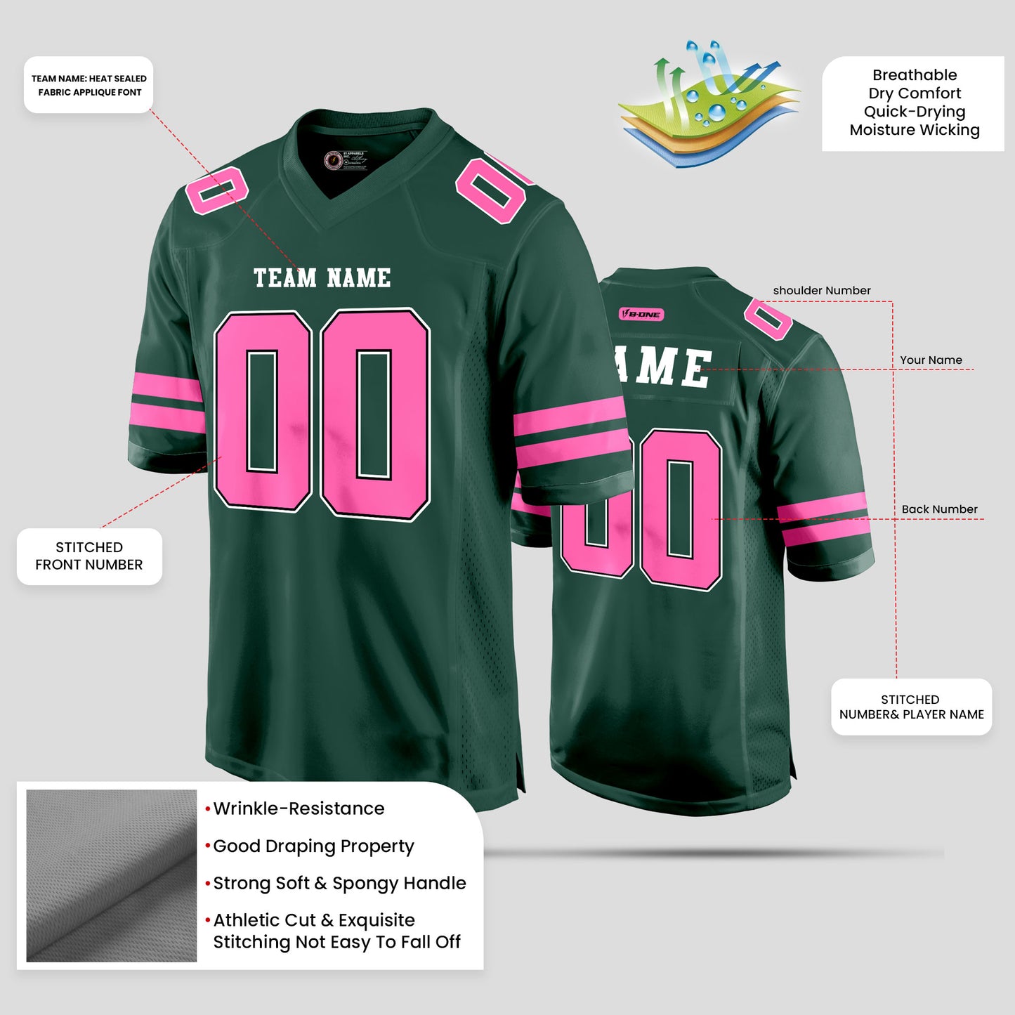 Custom Street Fashion Green and Light Pink Football Jersey with Personalized Design