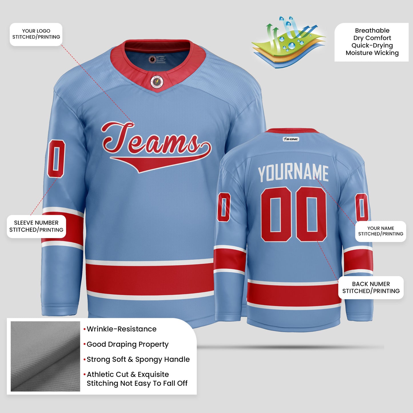 Custom Street Fashion Light Blue and Red Hockey Jersey – Stylish & Personalized